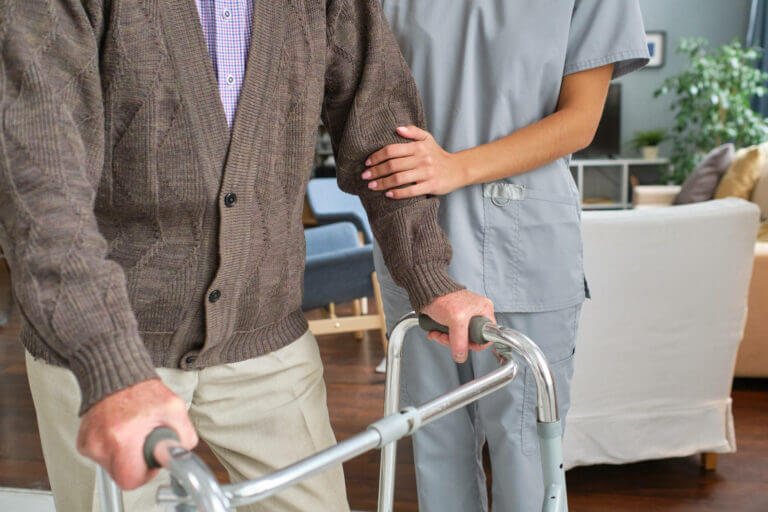 Older adult walking safely with a walker